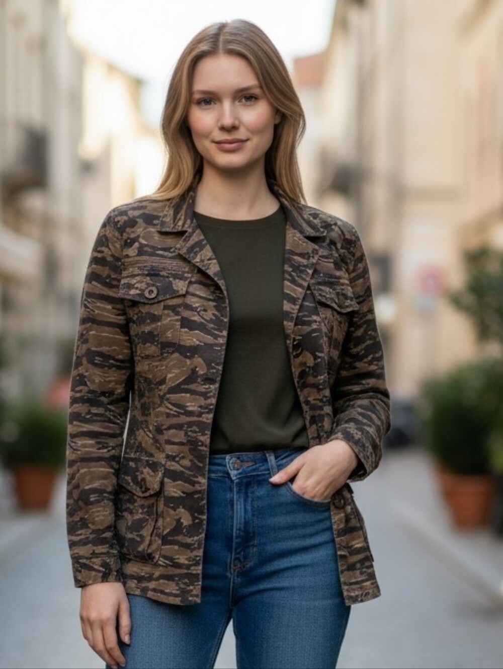 🔥SALE🔥 Tribal Jeans Camouflage Jacket Cargo Army Military Long Sleeve sz. S